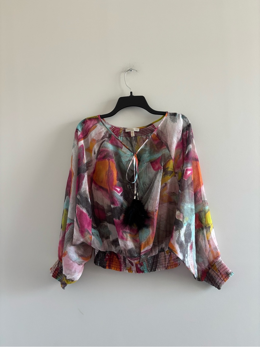 Adrienne Landau Quartz Blouse Long Sleeve Smocked Colorful Feathers XL Glam Boho